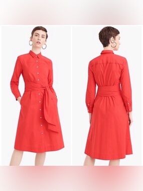 J. Crew Tie Waist Red Cotton Poplin Shirt Dress Long Sleeve Midi size 8